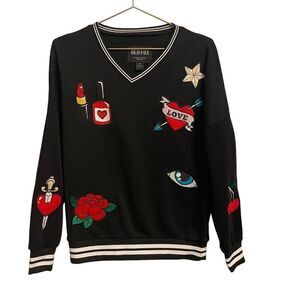 Red Fox Black Oversized Embroidered V Neck Sweatshirt Size Small